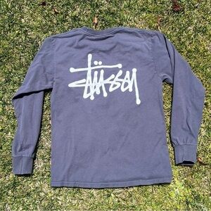 VTG Stussy Logo Streetwear Surf Crewneck Faded Distressed Blue Gray Mexico Small